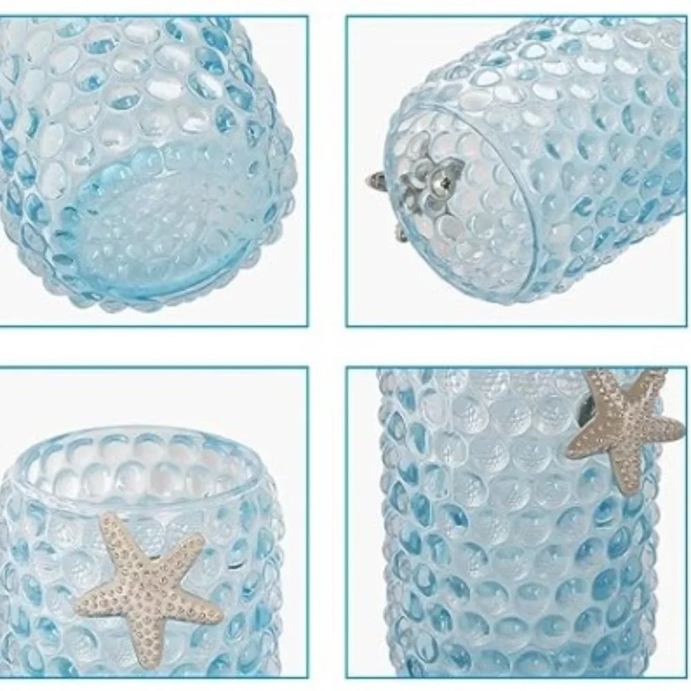 2 pc / 2 sizes - Glass Make-up Brush Organizer / Vases  (Blue w/ Starfish)